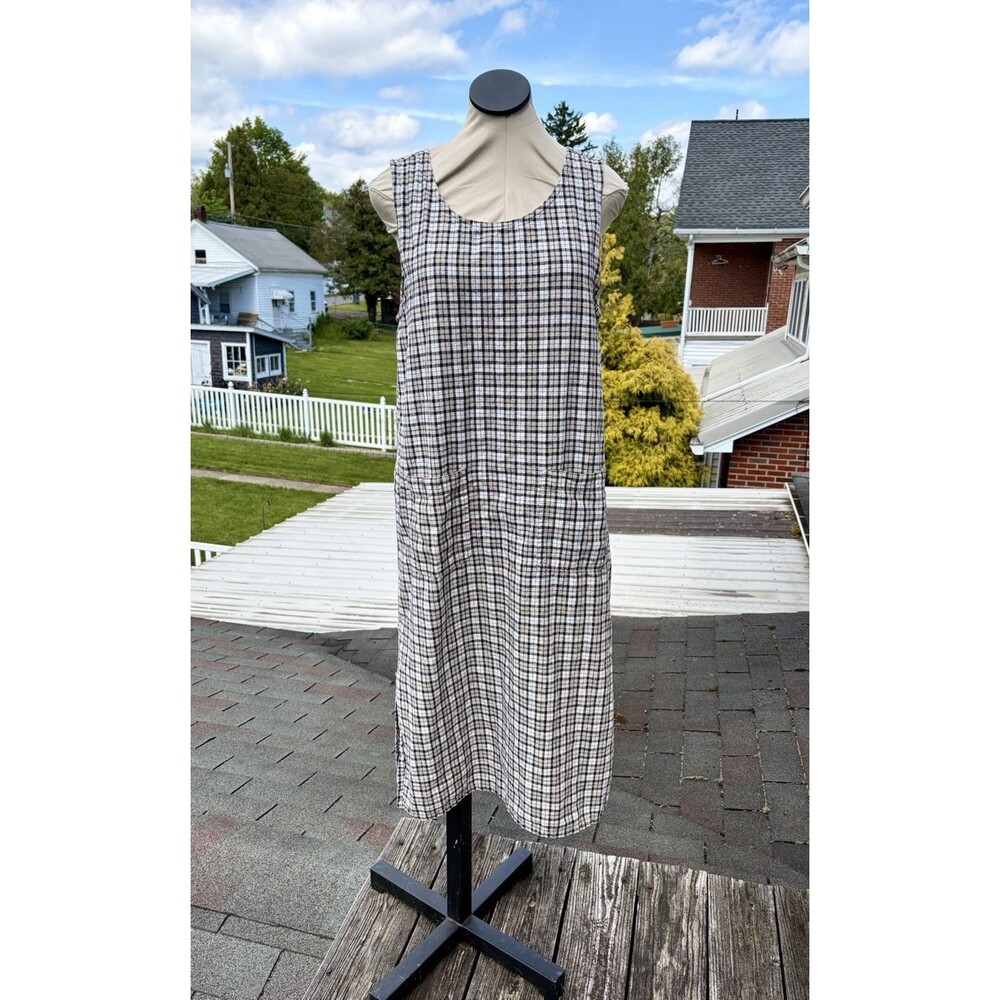 Vintage 90s Erika Studio Linen Beige Gingham Long Jumper Cottagecore Dress Sz M - Picture 2 of 6